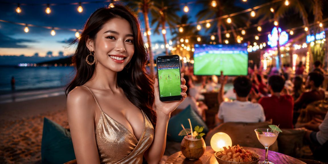 Người chơi sử dụng ứng dụng v21 theo dõi bóng đá tại bãi biển Phú Quốc